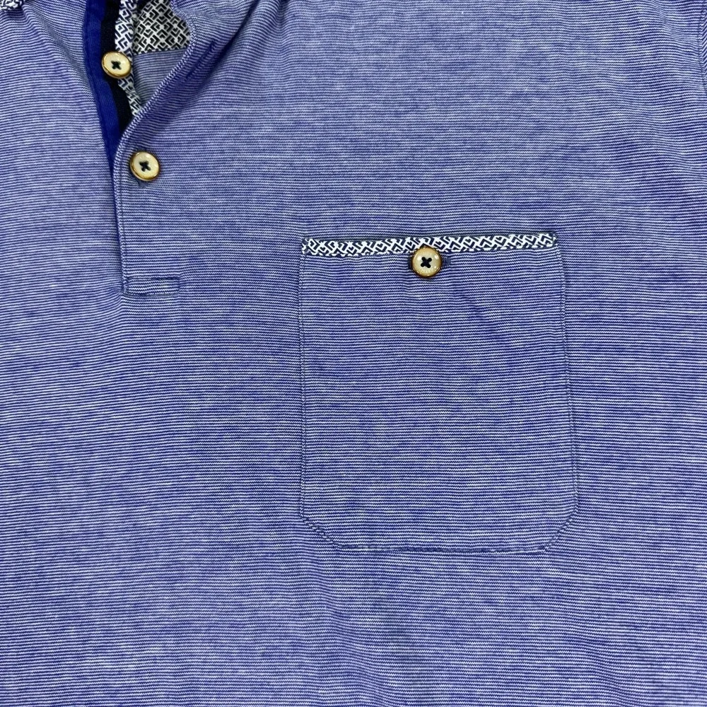 Ted Baker Polo Shirt Mens 7 Blue Striped Contrast Collar Pocket Casual Summer